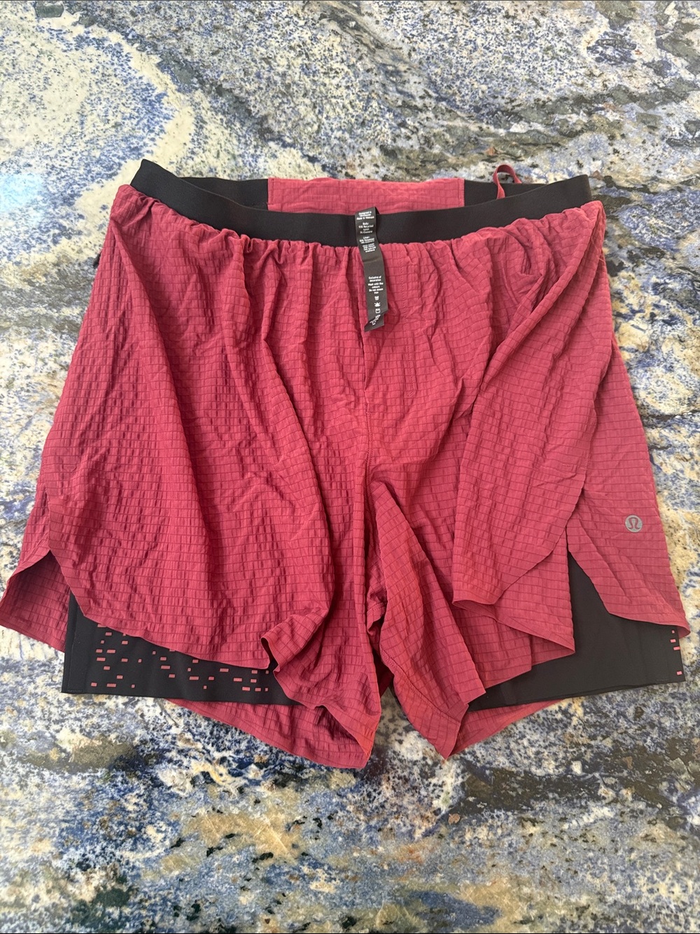 Maroon Athletic loose Split Shorts w/Black Liner 5” phone pocket & money pocket